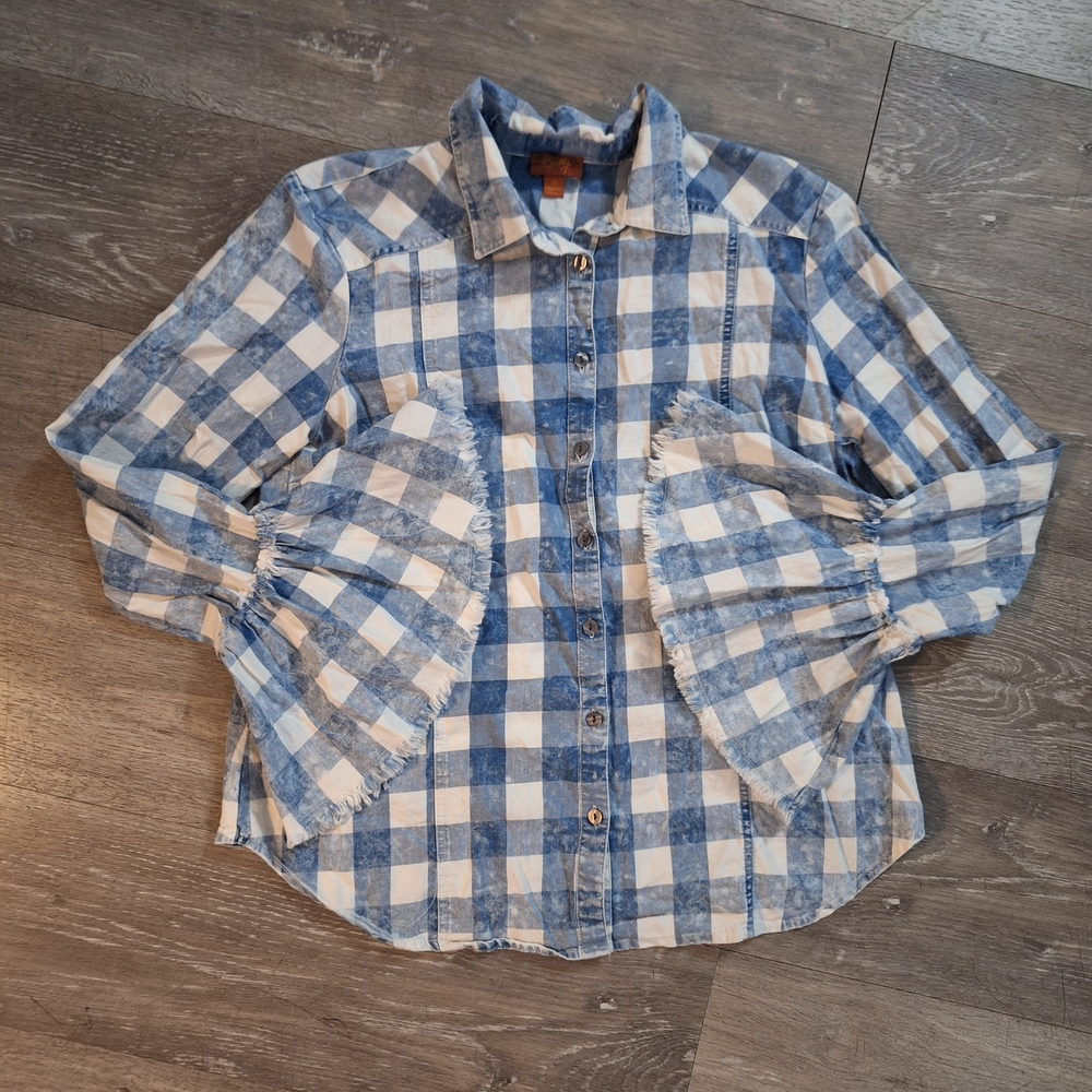 Scully Blue and White Gingham Ruffle Sleeve Button-Down Shirt